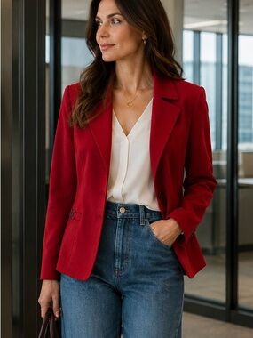 Tahari Women's Red Tailored Blazer - Chic Single-Breasted Suit Jacket